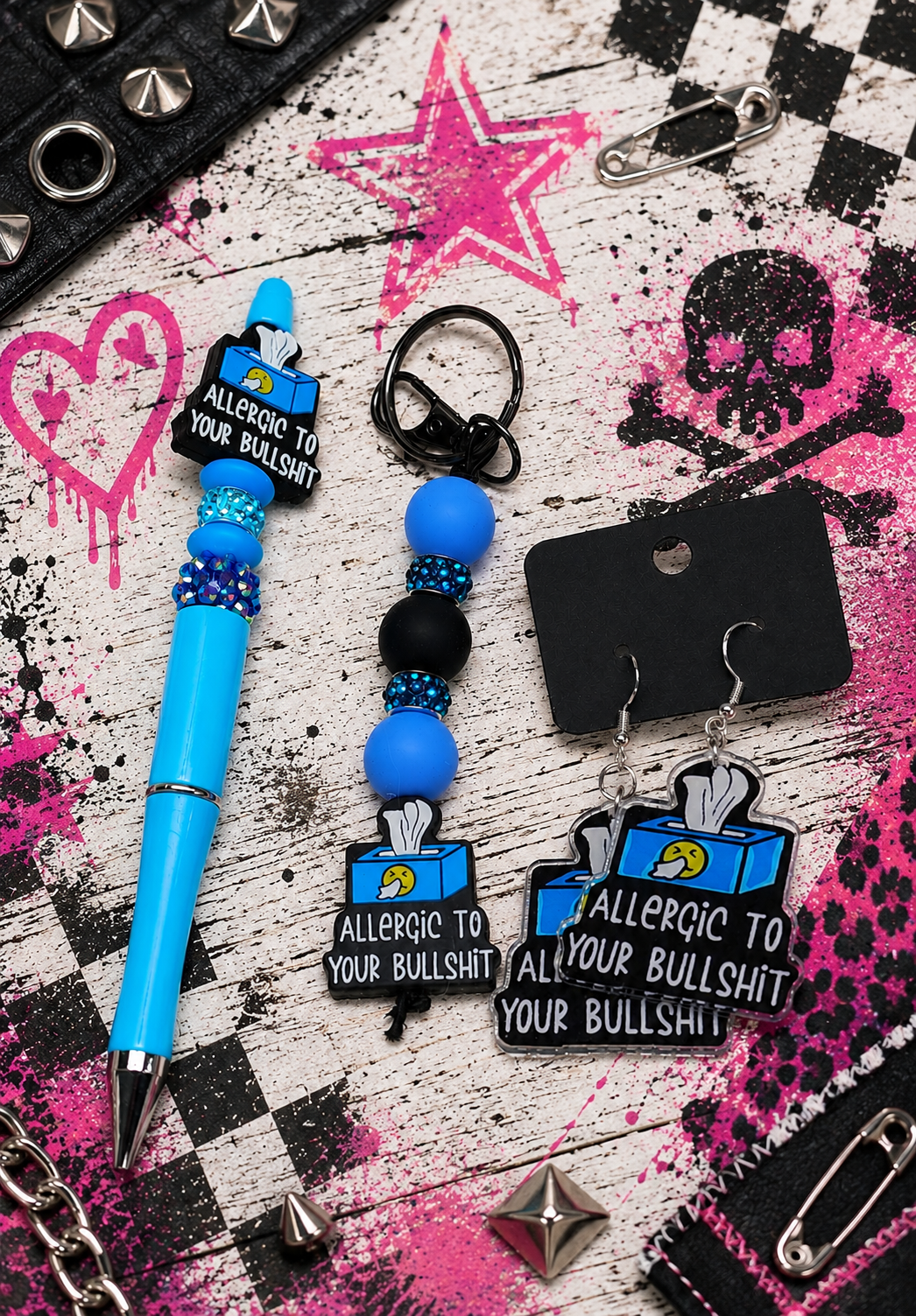 Allergic to Your Bullshit Gift Set | Funny Gift Set | Sassy Earrings, Keychain, Pen & Waterproof Stickers | Handmade Sarcastic Gift
