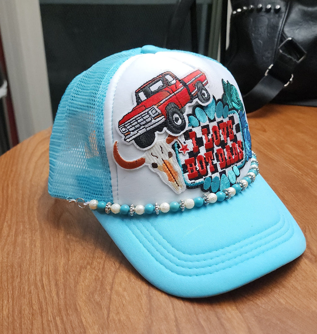 I Love Hot Dads Trucker Hat – Blue & White Western Style Snapback, Funny Patch Hat, Trendy Cowgirl Trucker Cap