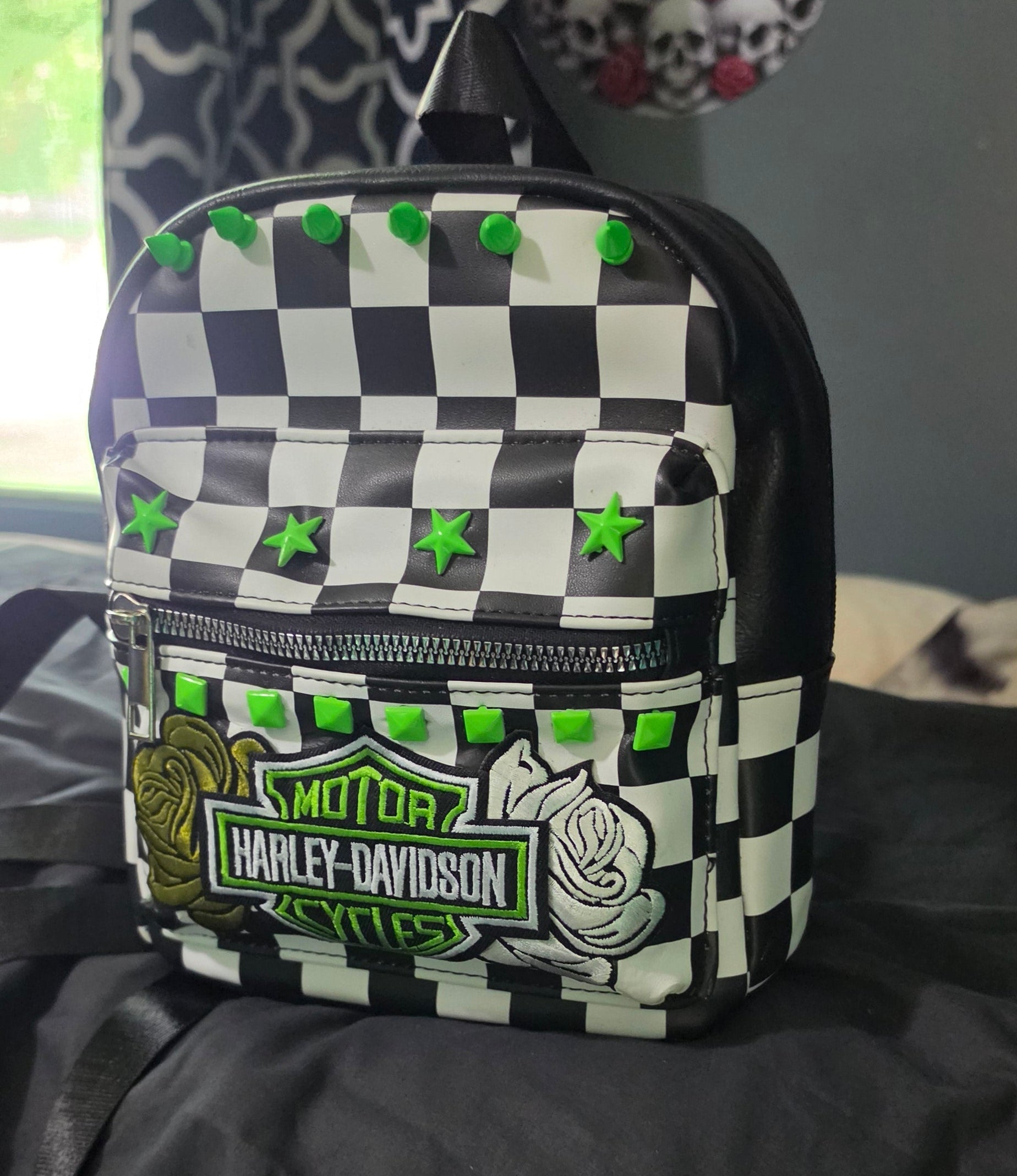 Neon Green Checkered Mini Backpack with Patch | Punk Rock Backpack | Studded Black & White Checker Bag | Alternative Goth Mini Backpack | Handmade Backpack