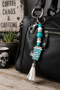 Turquoise & White Skull Hand Coffee Mug Keychain | Handmade Gothic Beaded Keychain | Spooky Coffee Lover Gift | Halloween Bag Charm | Alternative Accessory