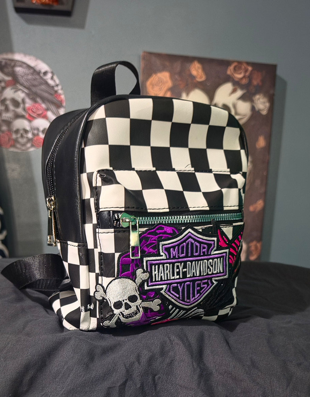 Black & White Checkered Mini Backpack Purse with Purple Embroidered Patch | Punk Rock Backpack | Alternative Style Backpack Purse | Handmade Statement Bag