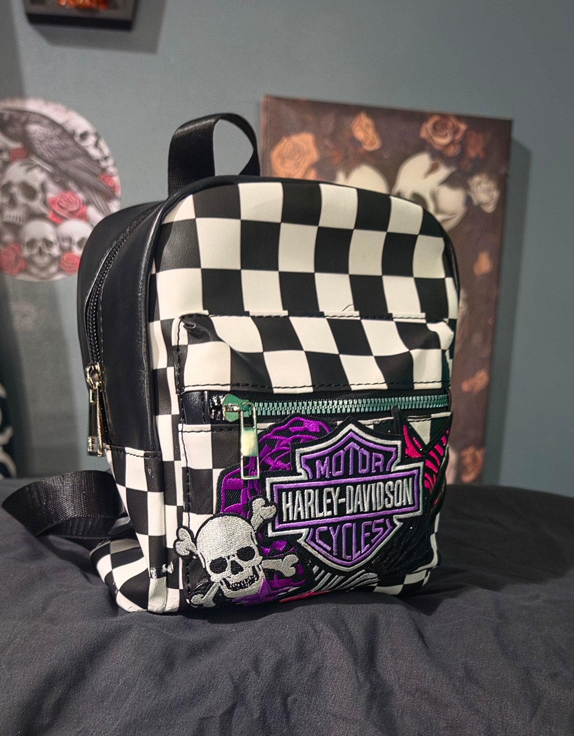 Black & White Checkered Mini Backpack Purse with Purple Embroidered Patch | Punk Rock Backpack | Alternative Style Backpack Purse | Handmade Statement Bag