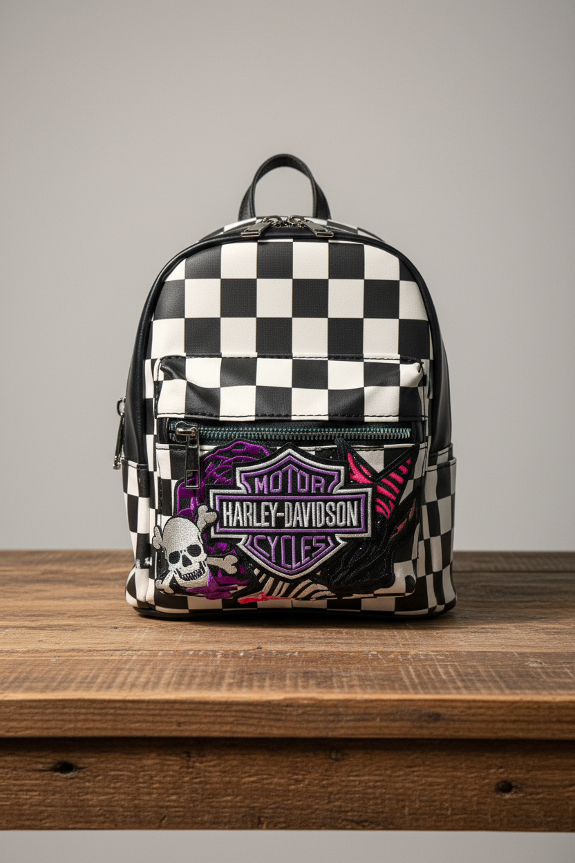 Black & White Checkered Mini Backpack Purse with Purple Embroidered Patch | Punk Rock Backpack | Alternative Style Backpack Purse | Handmade Statement Bag