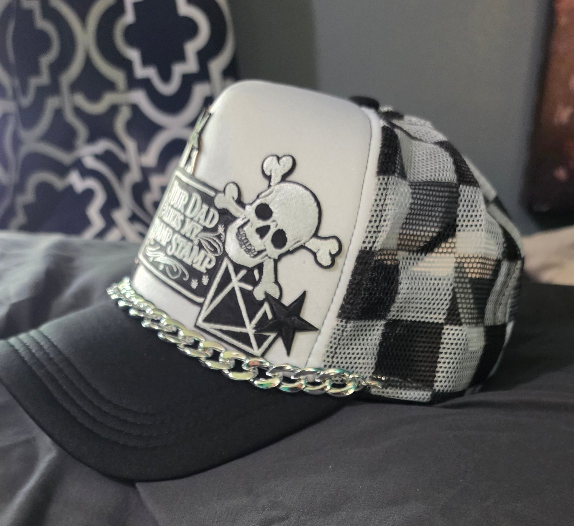 Your Dad Likes My Tramp Stamp Black and White Checkered Trucker Hat | Funny Snapback Hat | Retro Mesh Cap | Sarcastic Gift for Her