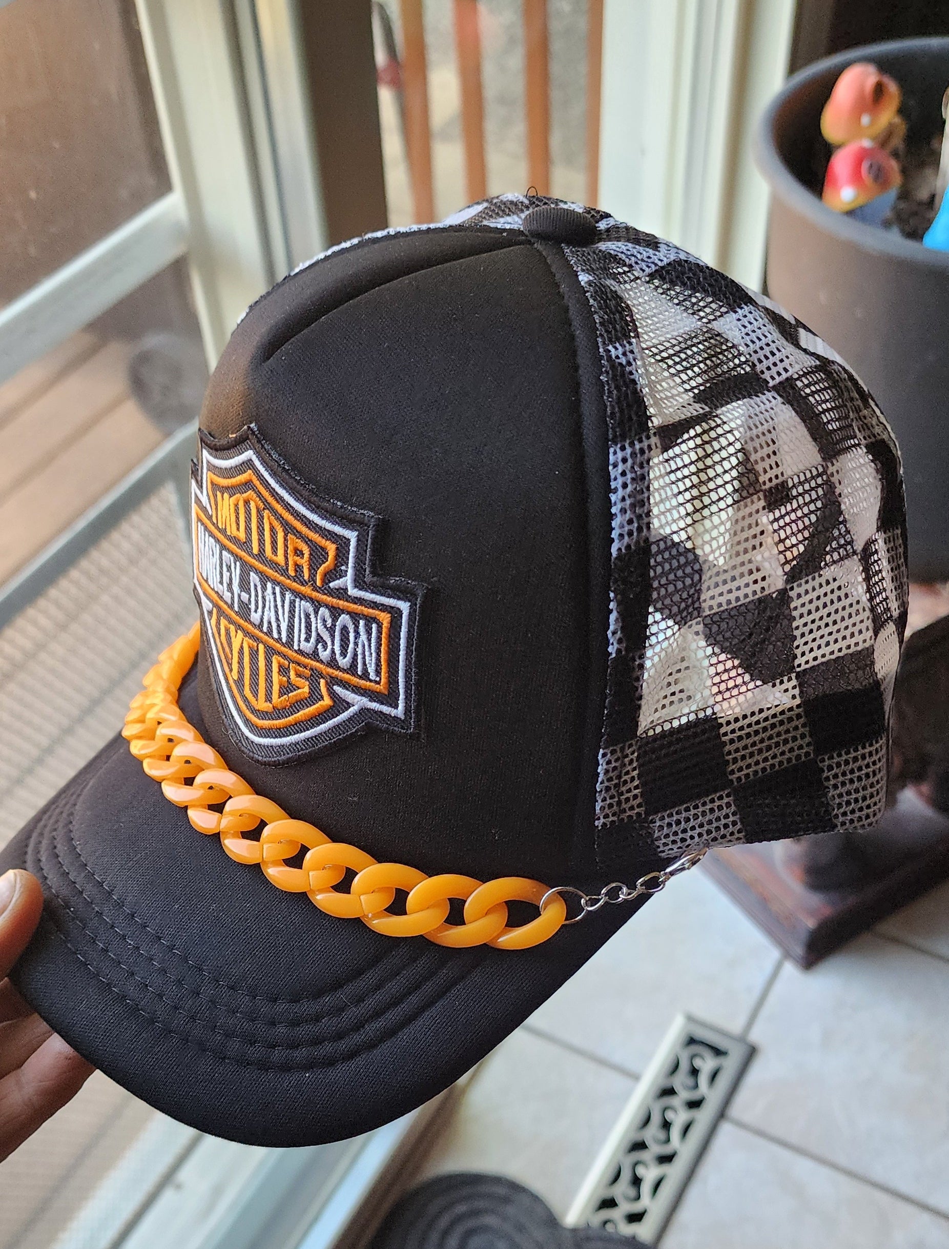 HD Checkered Trucker Hat – Black & White Snapback with Orange Hat Chain, Edgy Biker Hat, Western Streetwear Cap