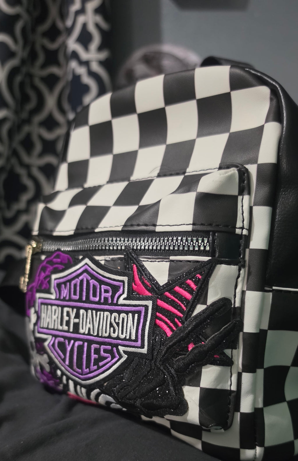 Black & White Checkered Mini Backpack Purse with Purple Embroidered Patch | Punk Rock Backpack | Alternative Style Backpack Purse | Handmade Statement Bag