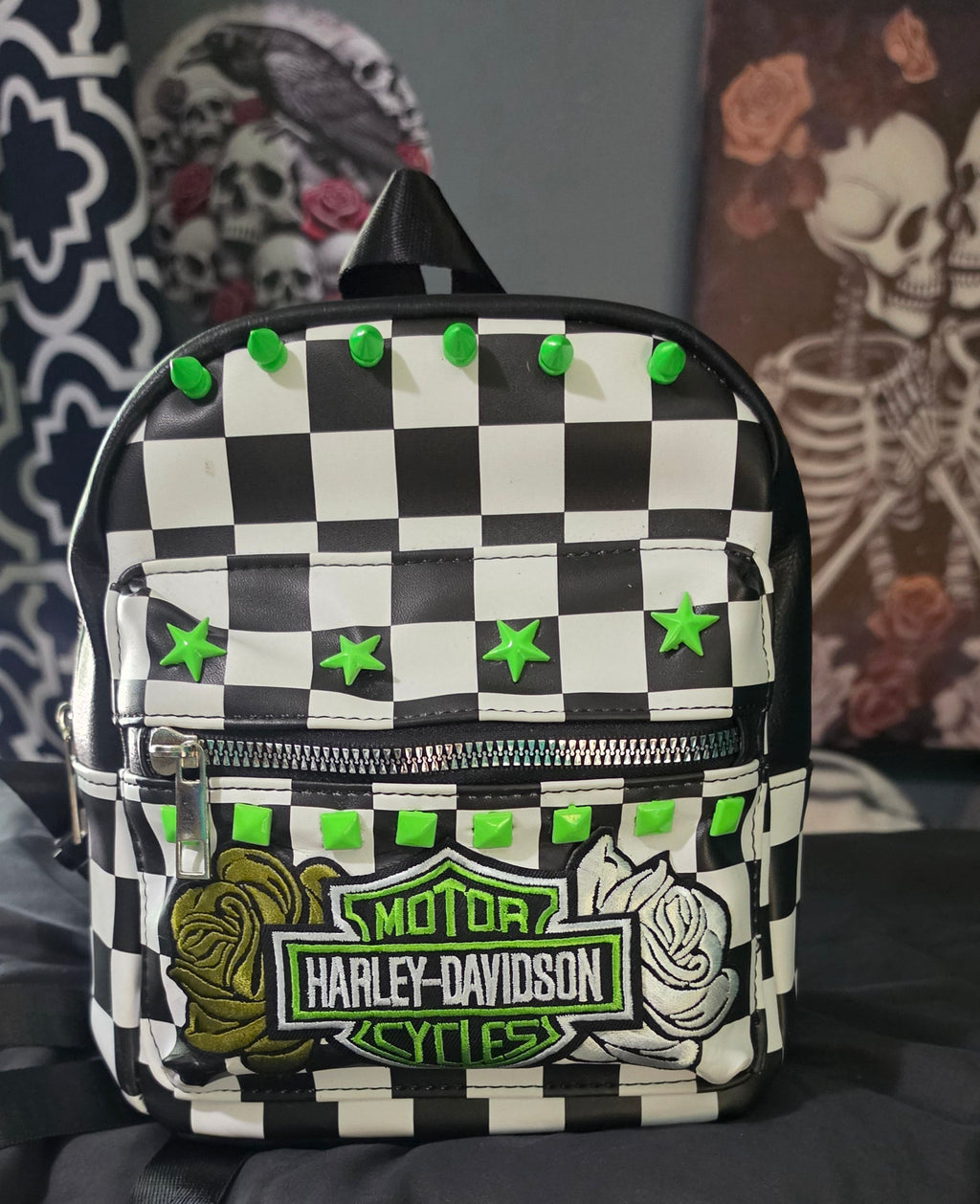 Neon Green Checkered Mini Backpack with Patch | Punk Rock Backpack | Studded Black & White Checker Bag | Alternative Goth Mini Backpack | Handmade Backpack