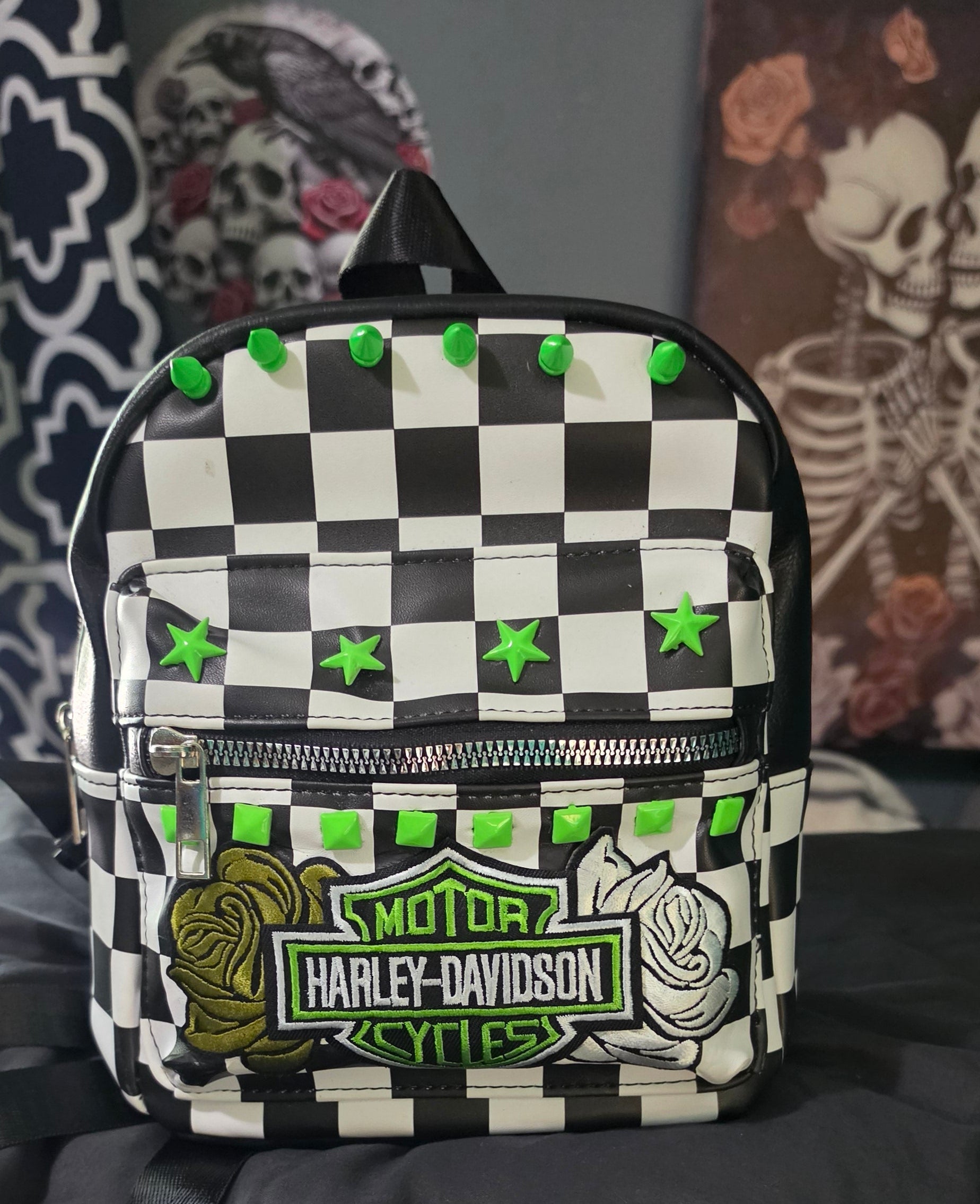 Neon Green Checkered Mini Backpack with Patch | Punk Rock Backpack | Studded Black & White Checker Bag | Alternative Goth Mini Backpack | Handmade Backpack