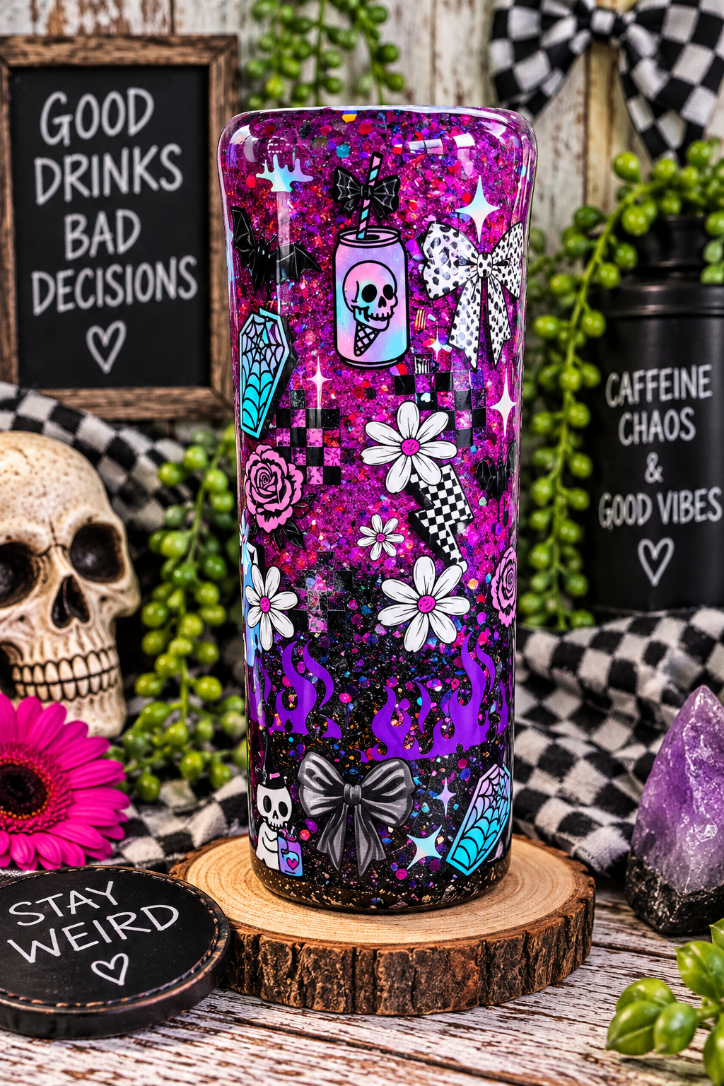 Purple Glitter Epoxy Tumbler | "Hot Mess But Hydrated" Stainless Steel Skinny Cup