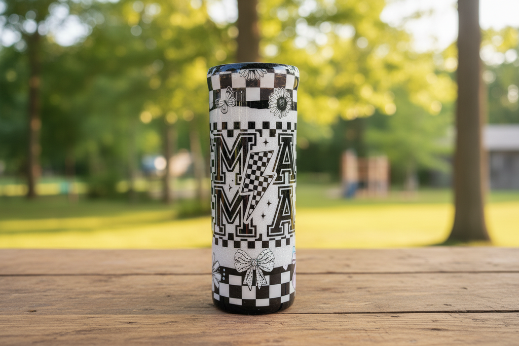 Checkered Mama Tumbler 20oz – Black White Epoxy Cup, Trendy Mom Gift, Stainless Steel Coffee Cup, Handmade Travel Mug