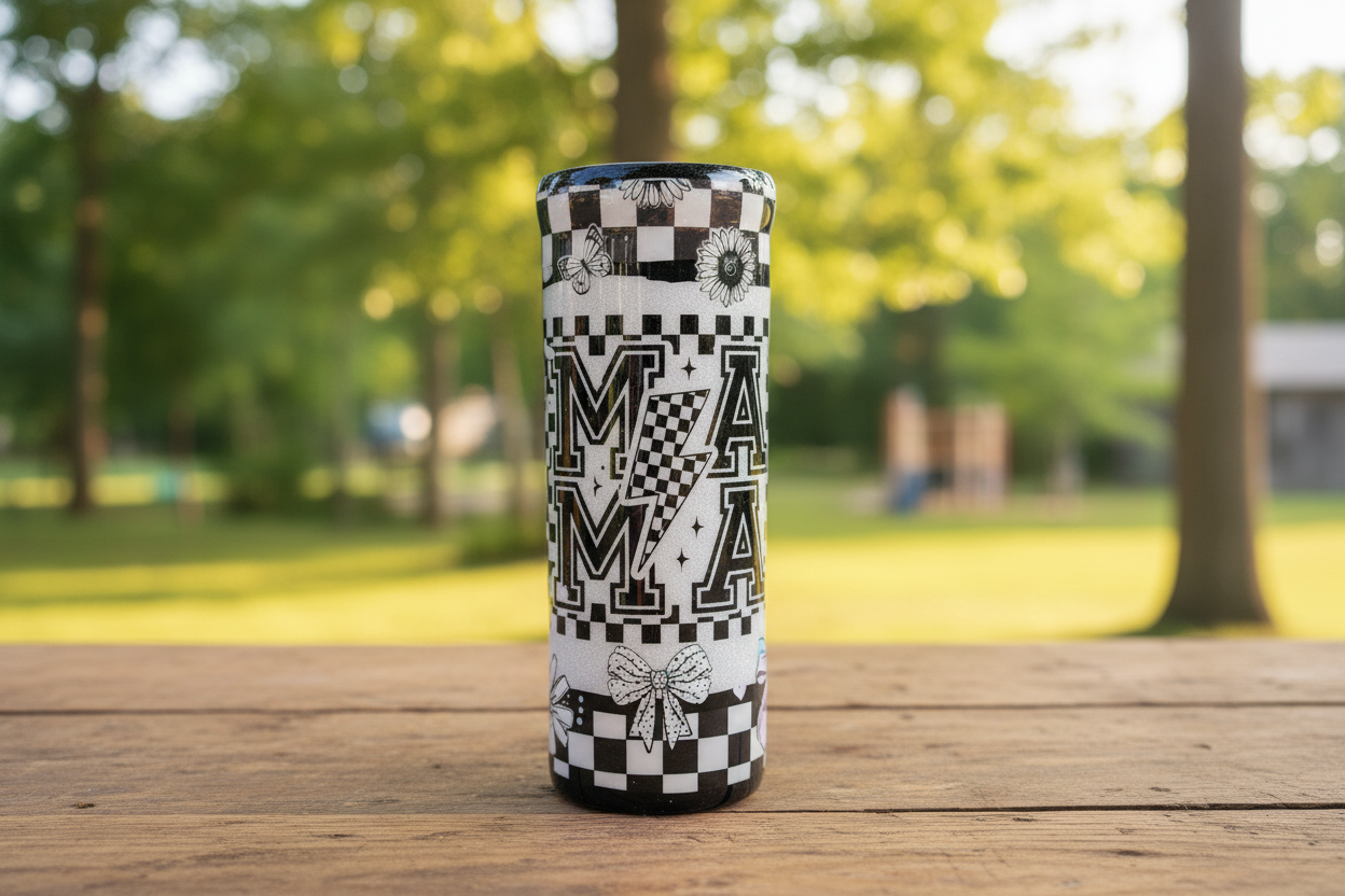 Checkered Mama Tumbler 20oz – Black White Epoxy Cup, Trendy Mom Gift, Stainless Steel Coffee Cup, Handmade Travel Mug