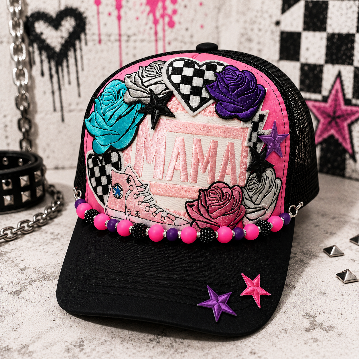 Mama Trucker Hat – Pink & Black Mesh Snapback Cap, Trendy Mom Hat, Cute Western Streetwear Trucker Hat