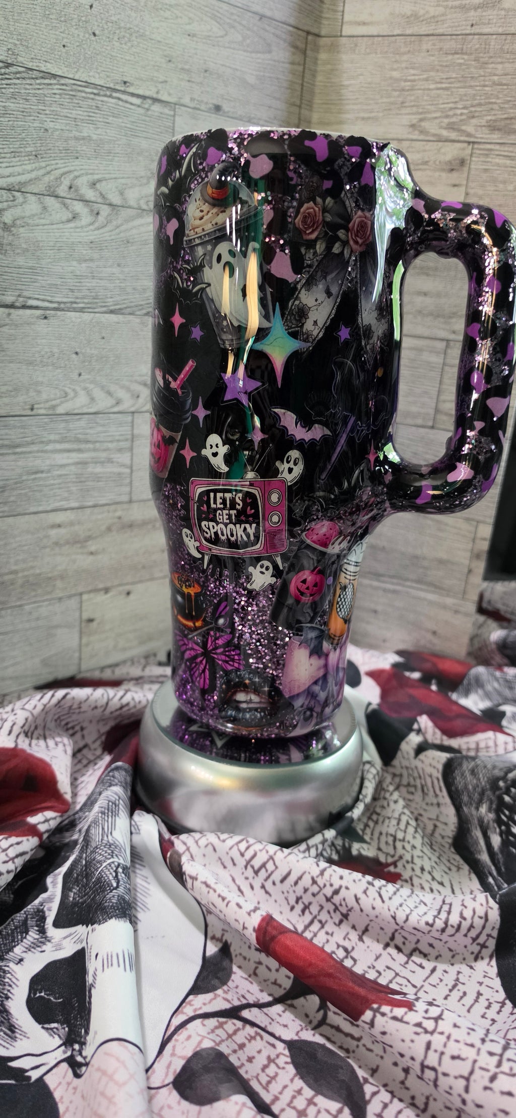 Spooky Summer 40oz Epoxy Tumbler with Handle – Purple & Black Halloween Glitter Cup