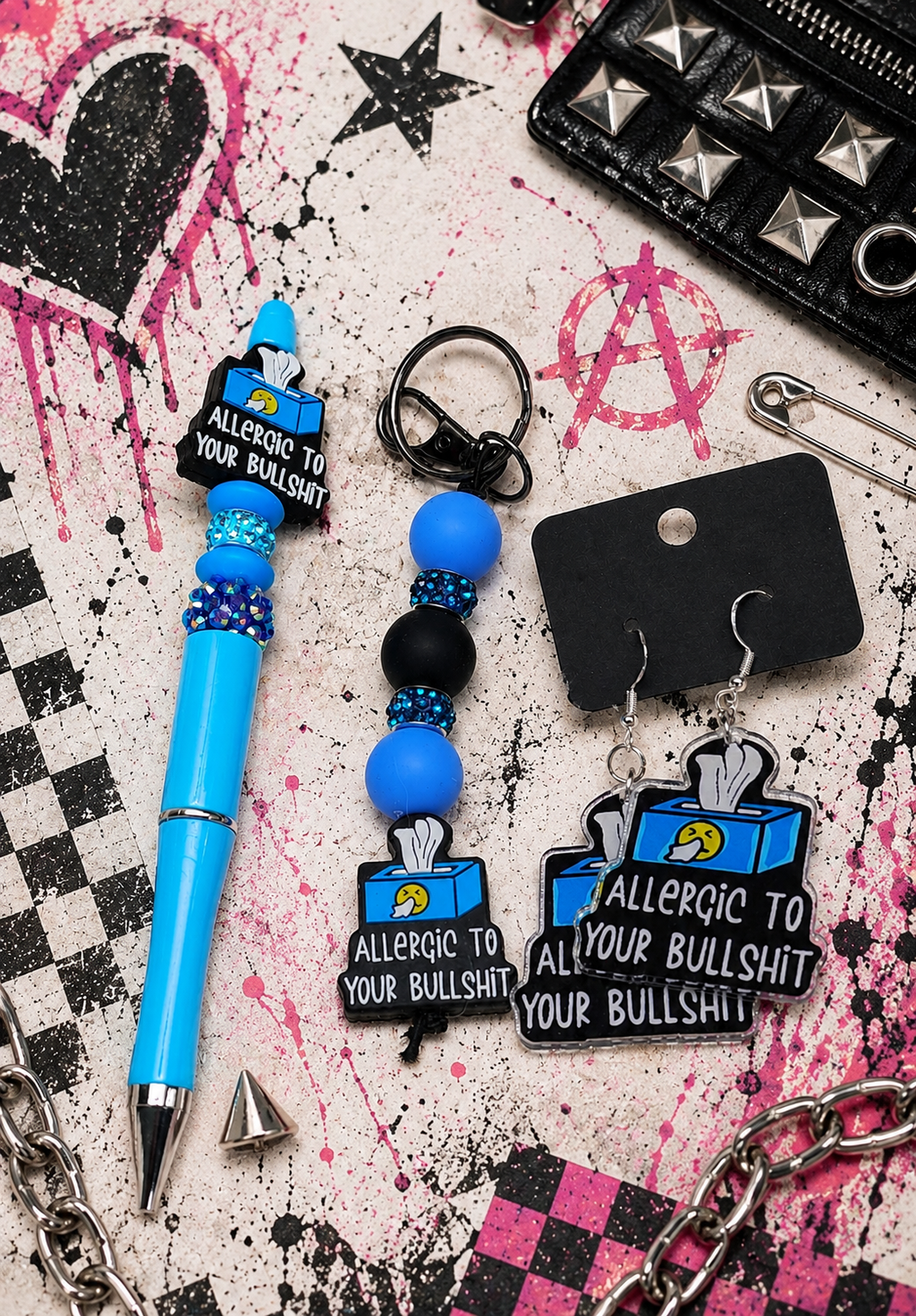 Allergic to Your Bullshit Gift Set | Funny Gift Set | Sassy Earrings, Keychain, Pen & Waterproof Stickers | Handmade Sarcastic Gift