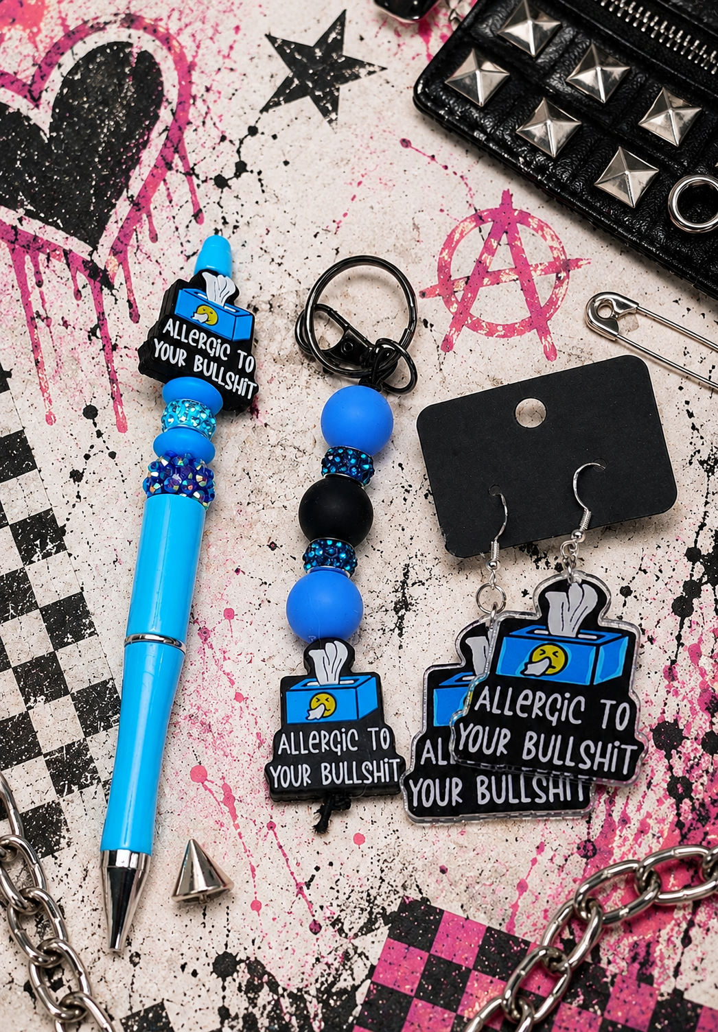 Allergic to Your Bullshit Gift Set | Funny Gift Set | Sassy Earrings, Keychain, Pen & Waterproof Stickers | Handmade Sarcastic Gift
