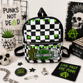 Neon Green Checkered Mini Backpack with Patch | Punk Rock Backpack | Studded Black & White Checker Bag | Alternative Goth Mini Backpack | Handmade Backpack