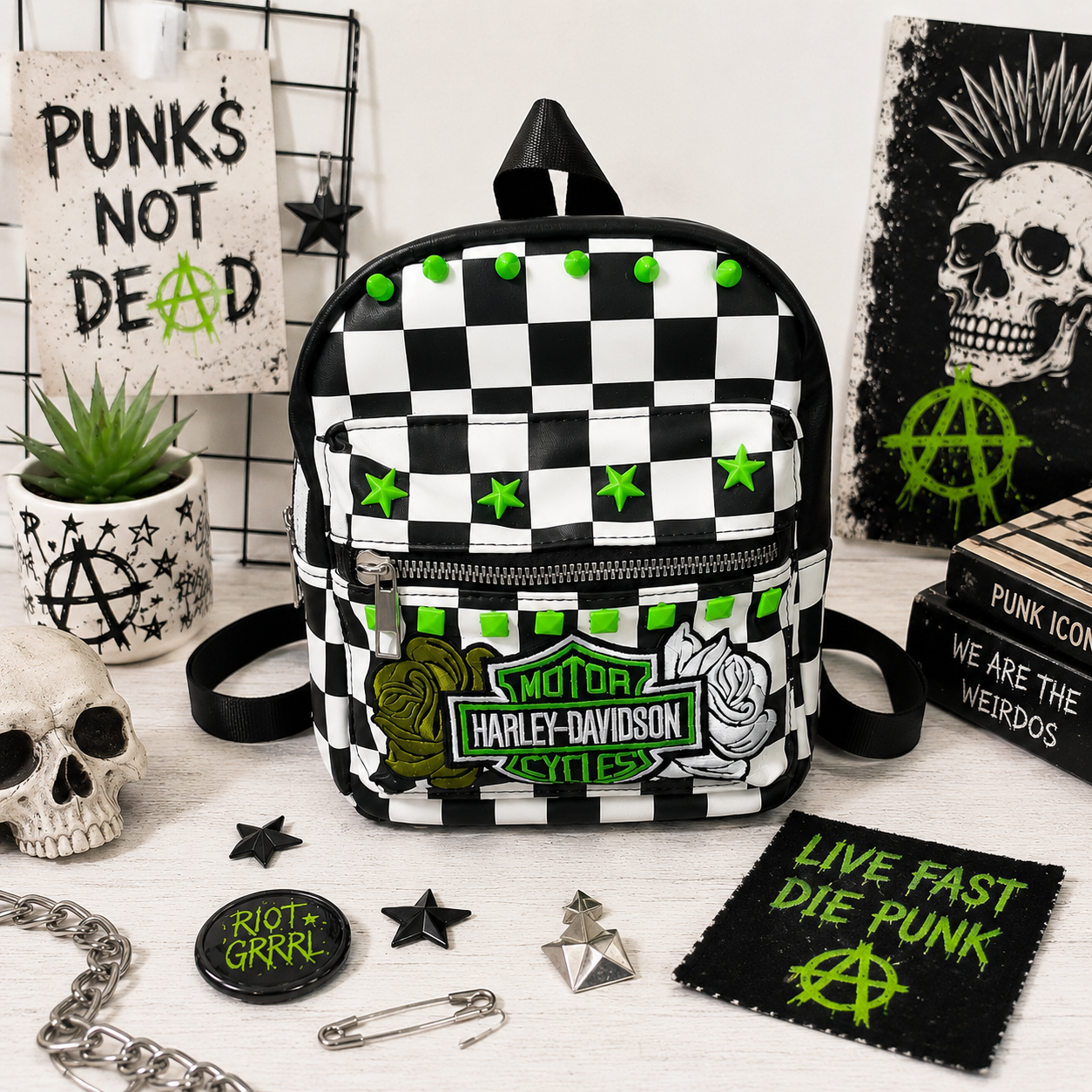 Neon Green Checkered Mini Backpack with Patch | Punk Rock Backpack | Studded Black & White Checker Bag | Alternative Goth Mini Backpack | Handmade Backpack