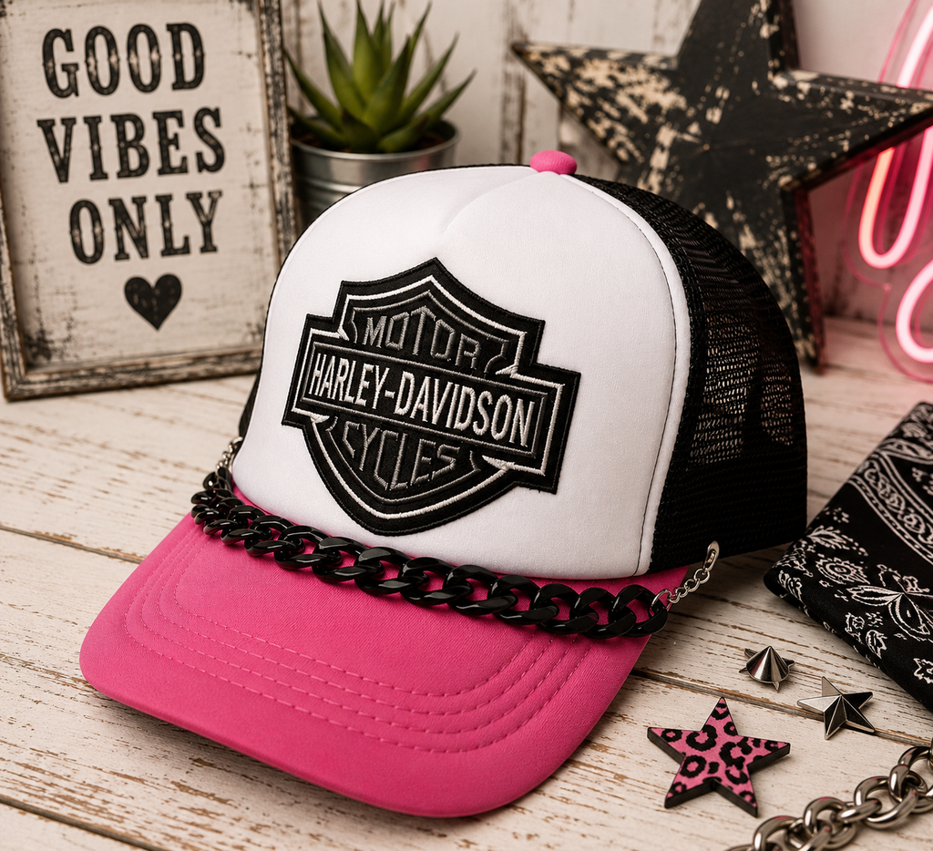 Pink Black & White Checkered Trucker Hat with Hat Chain – Edgy Snapback Cap, Biker Inspired Streetwear Hat