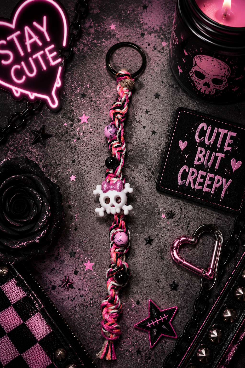 Pink Black & White Hemp Keychain with Skull Charm | Handmade Boho Goth Accessories