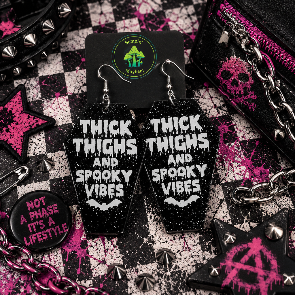 Coffin Halloween Earrings: Thick Thighs Spooky Vibes, Black Acrylic