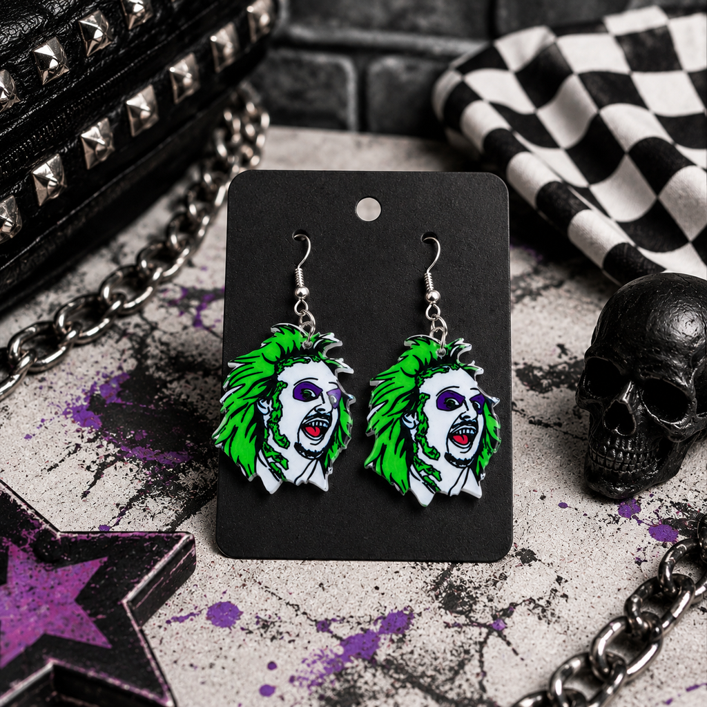 Spooky Ghost Acrylic Earrings | Handmade Halloween Dangle Earrings | Green & Black Goth Jewelry | Lightweight Alternative Earrings
