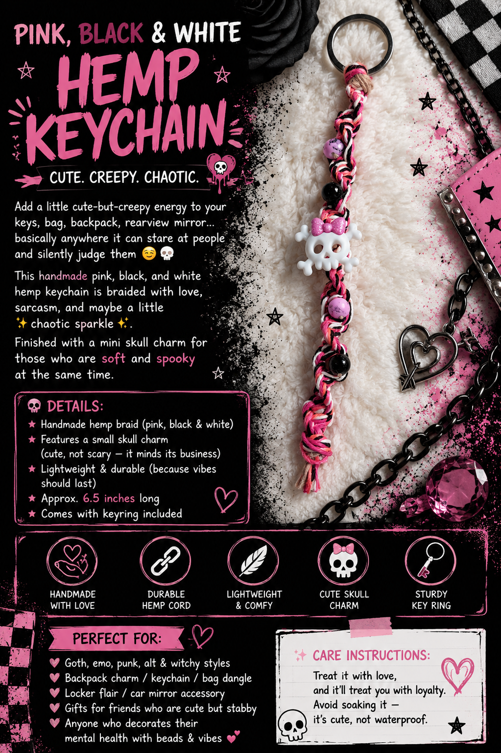 Pink Black & White Hemp Keychain with Skull Charm | Handmade Boho Goth Accessories