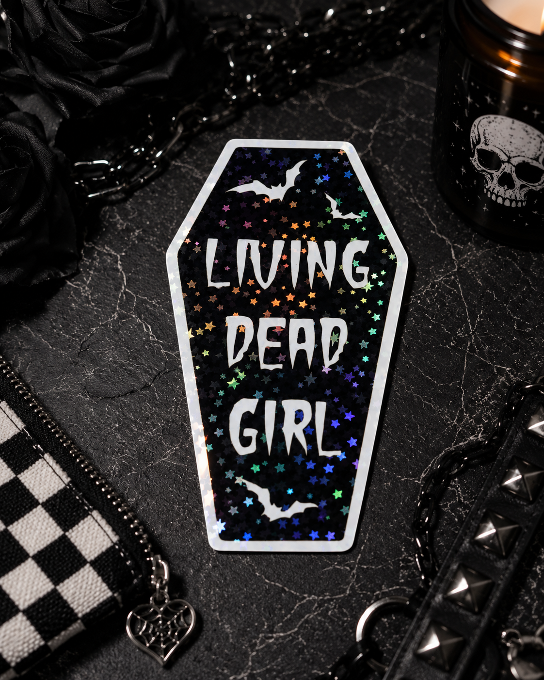 Living Dead Girl Coffin Vinyl Sticker | Gothic Waterproof Coffin Decal | Spooky Halloween Sticker