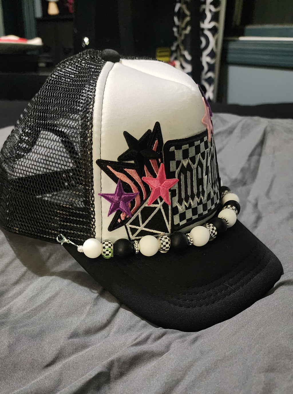 Checkered MAMA Trucker Hat – Retro Vibes Patch Snapback, Black & White Mom Hat, Trendy Checkered Trucker Cap