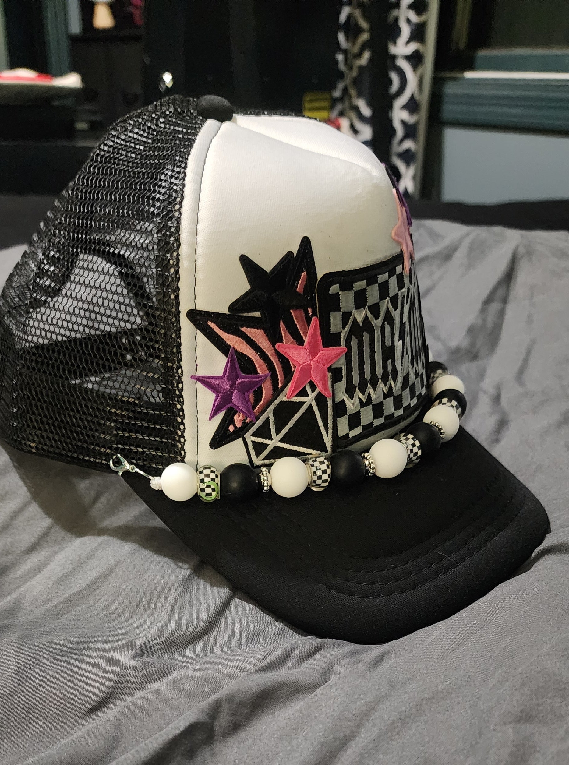 Checkered MAMA Trucker Hat – Retro Vibes Patch Snapback, Black & White Mom Hat, Trendy Checkered Trucker Cap