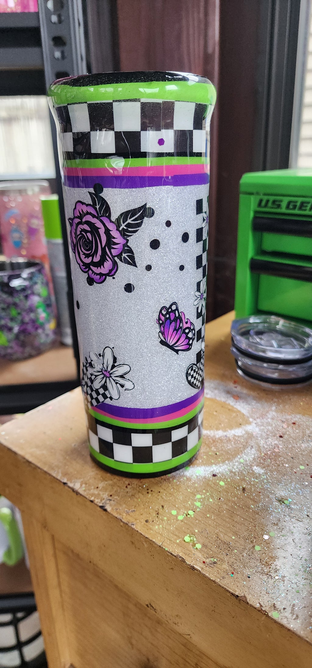 Morning Vibes Checkered Tumbler 20oz Stainless Steel Epoxy Cup, Green Purple Black Silver Glitter Coffee Cup, Funny Sassy Drinkware