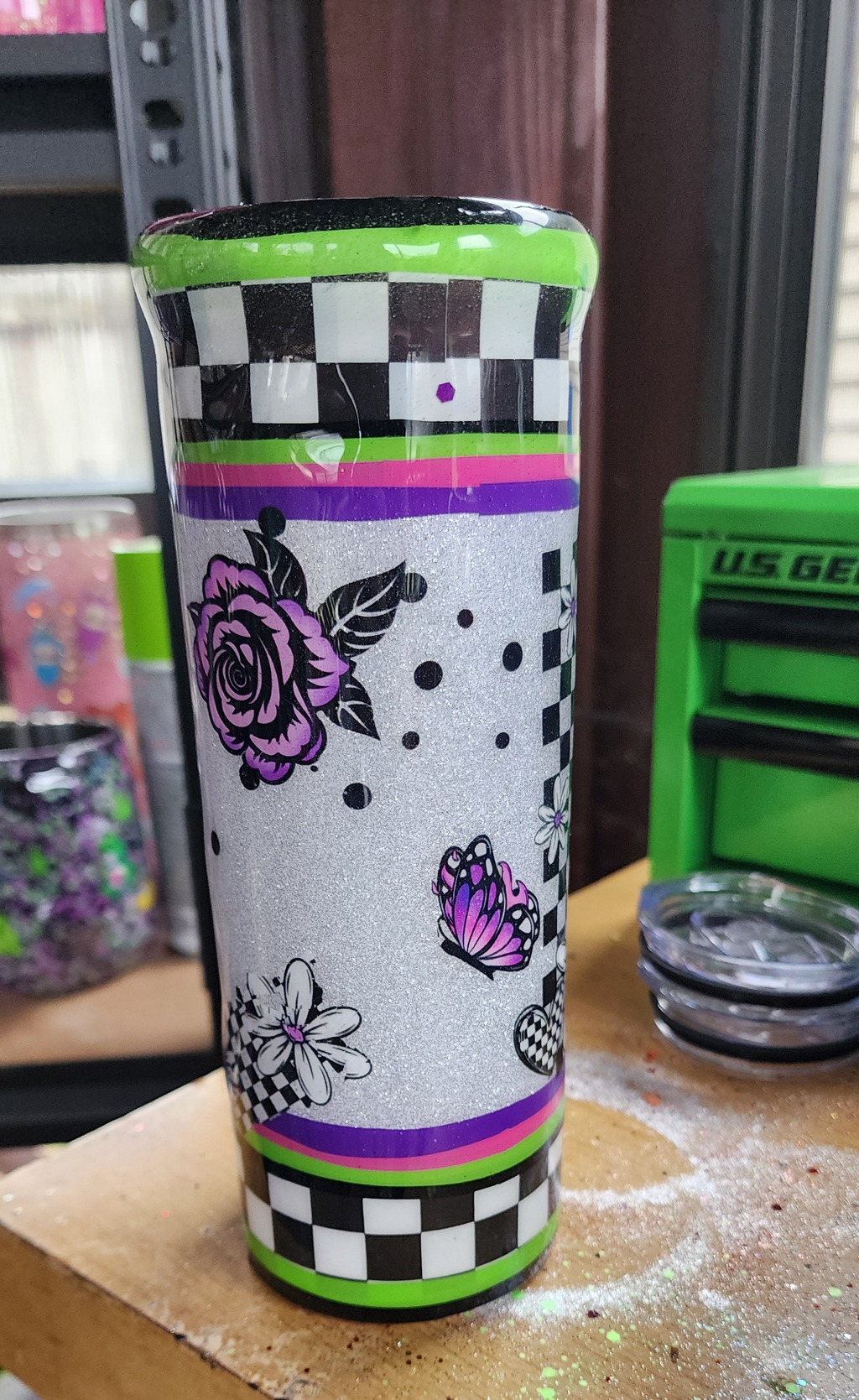 Morning Vibes Checkered Tumbler 20oz Stainless Steel Epoxy Cup, Green Purple Black Silver Glitter Coffee Cup, Funny Sassy Drinkware