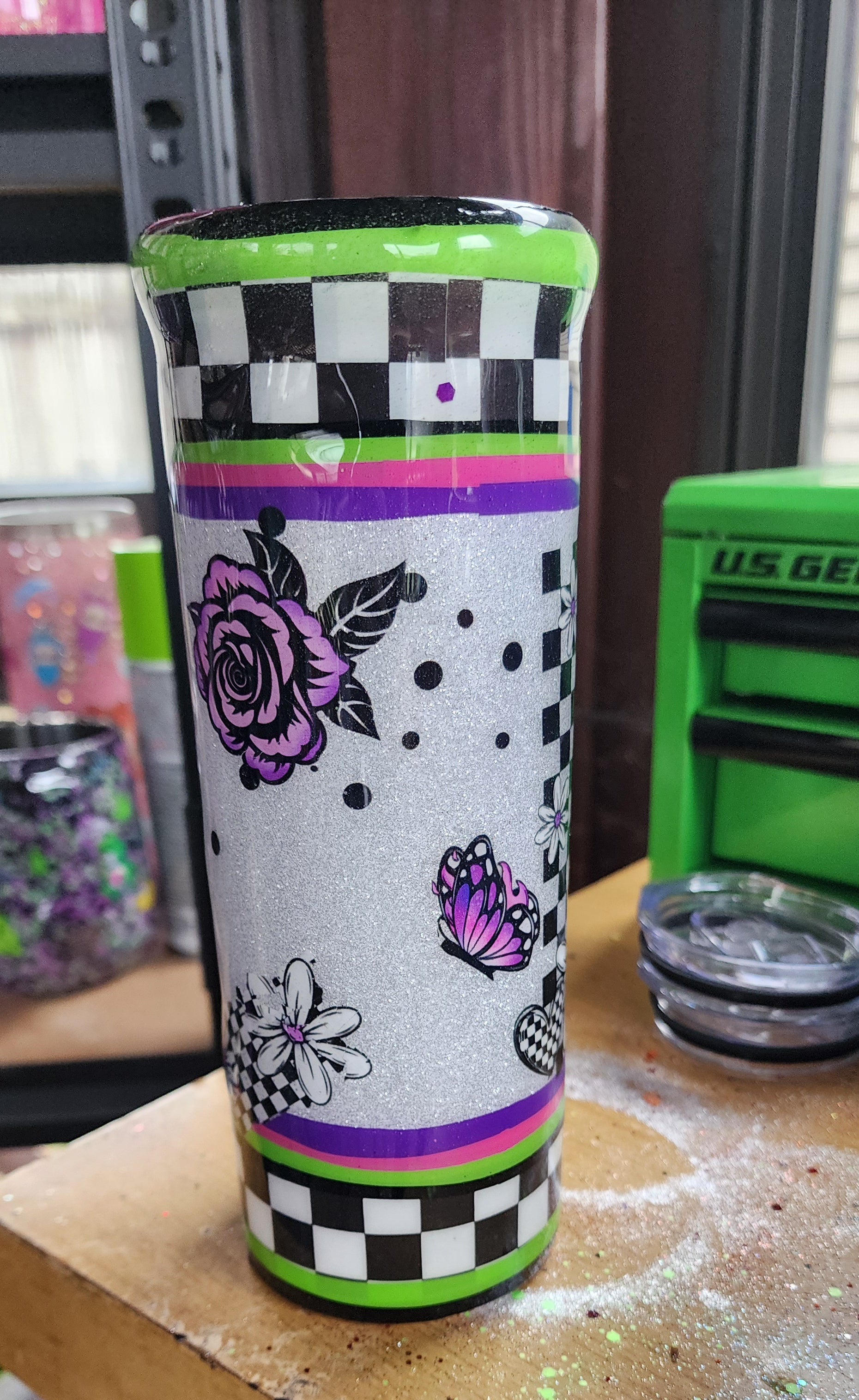 Morning Vibes Checkered Tumbler 20oz Stainless Steel Epoxy Cup, Green Purple Black Silver Glitter Coffee Cup, Funny Sassy Drinkware