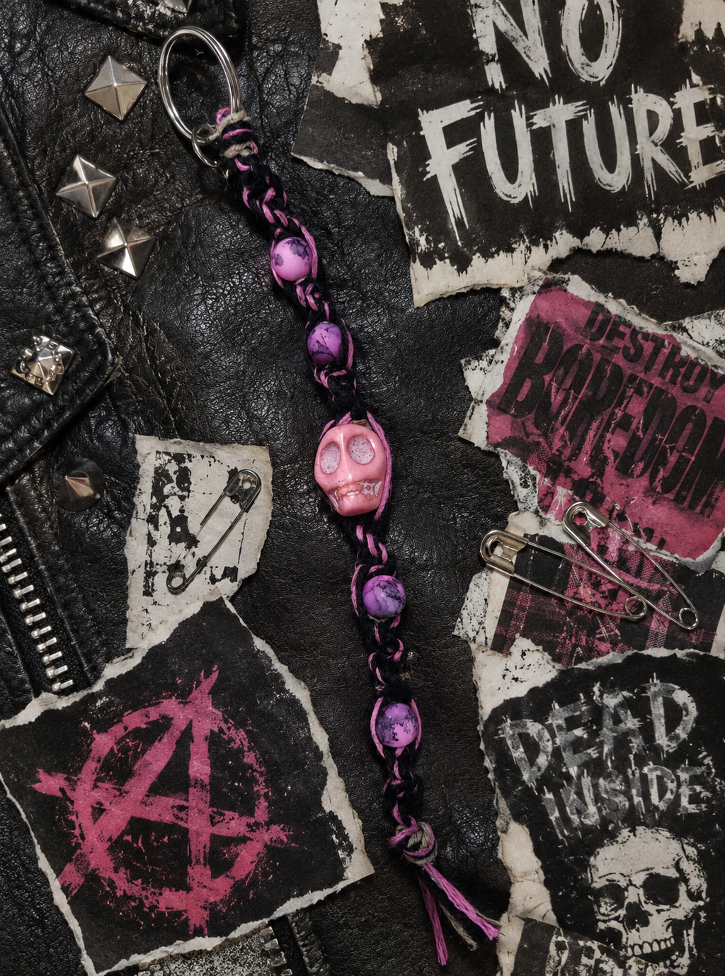 Pastel Goth Skull Keychain | Pink & Black Hemp Keychain | Creepy Kawaii Bag Charm | Soft Punk Accessory | Alternative Gift for Her