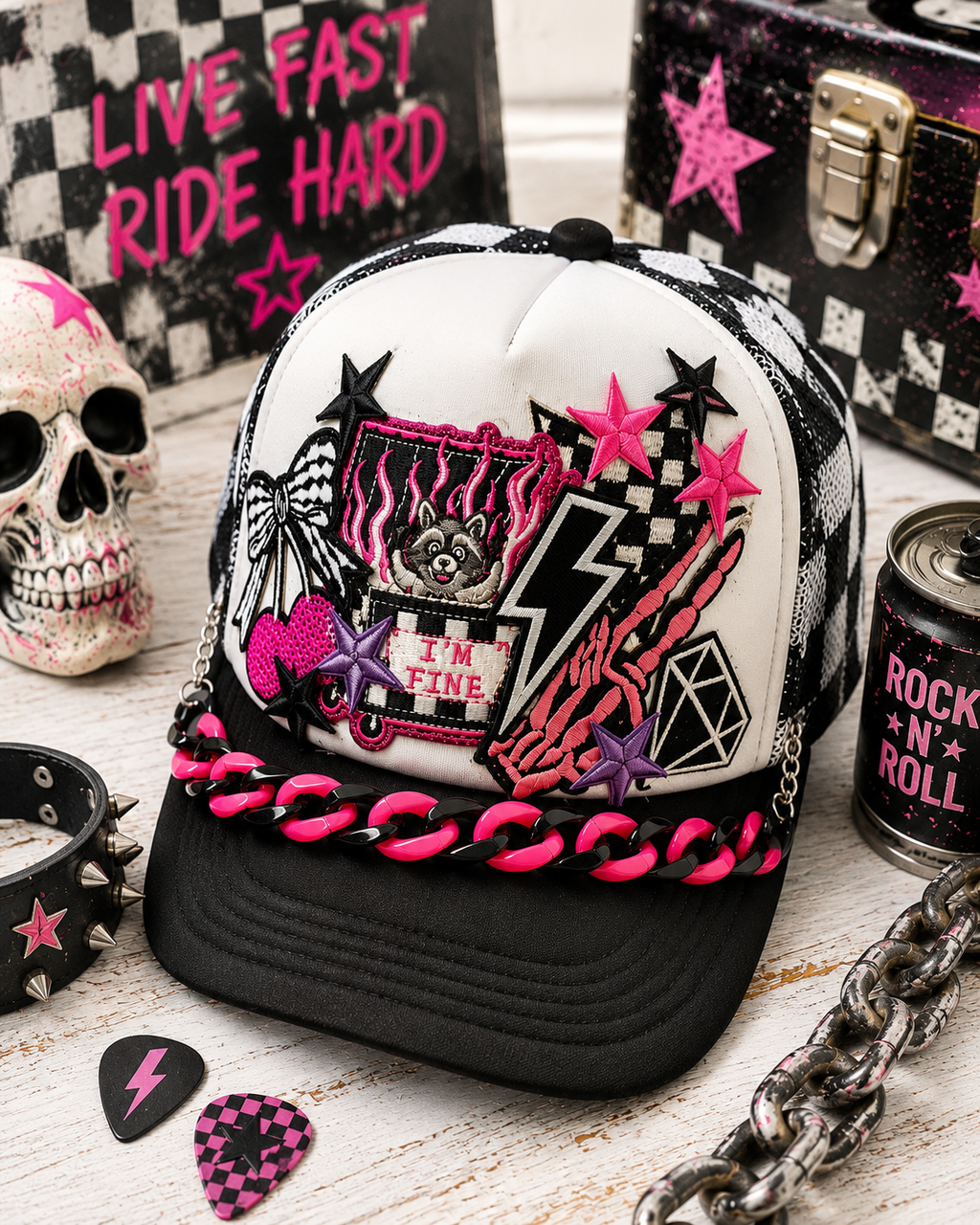 I’m Fine Raccoon Trucker Hat – Black & White Checkered Snapback, Funny Emo Streetwear Cap, Gothic Grunge Alternative Hat