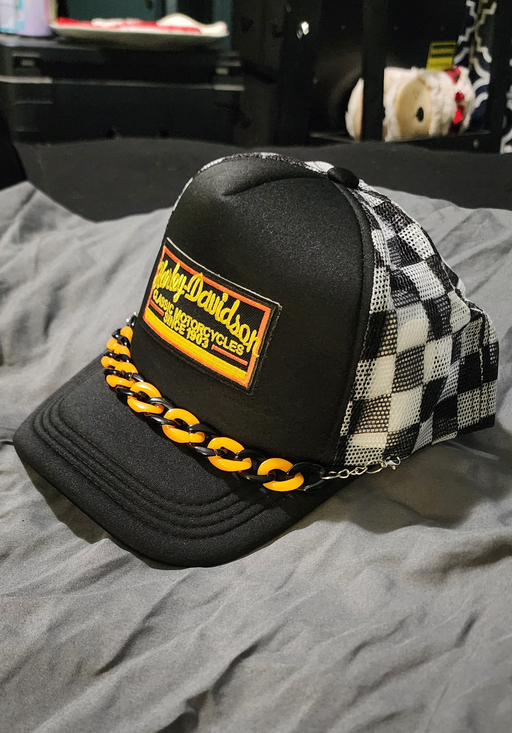 Biker Trucker Hat – Edgy Snapback Cap, Motorcycle Inspired Streetwear Hat, Checkered Western Style Mesh Hat