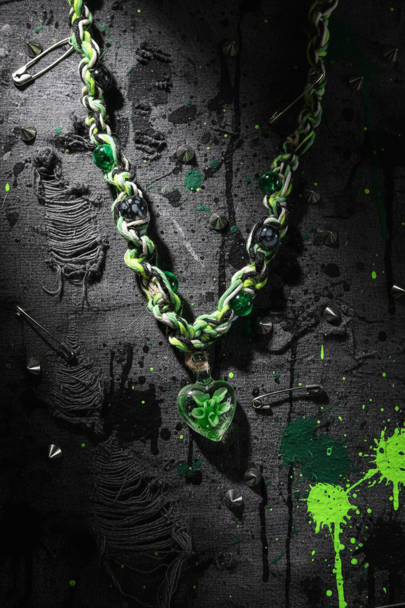 Green Black White & Tan Hemp Necklace – Handmade Boho Hemp Jewelry with Blown Glass Heart Pendant