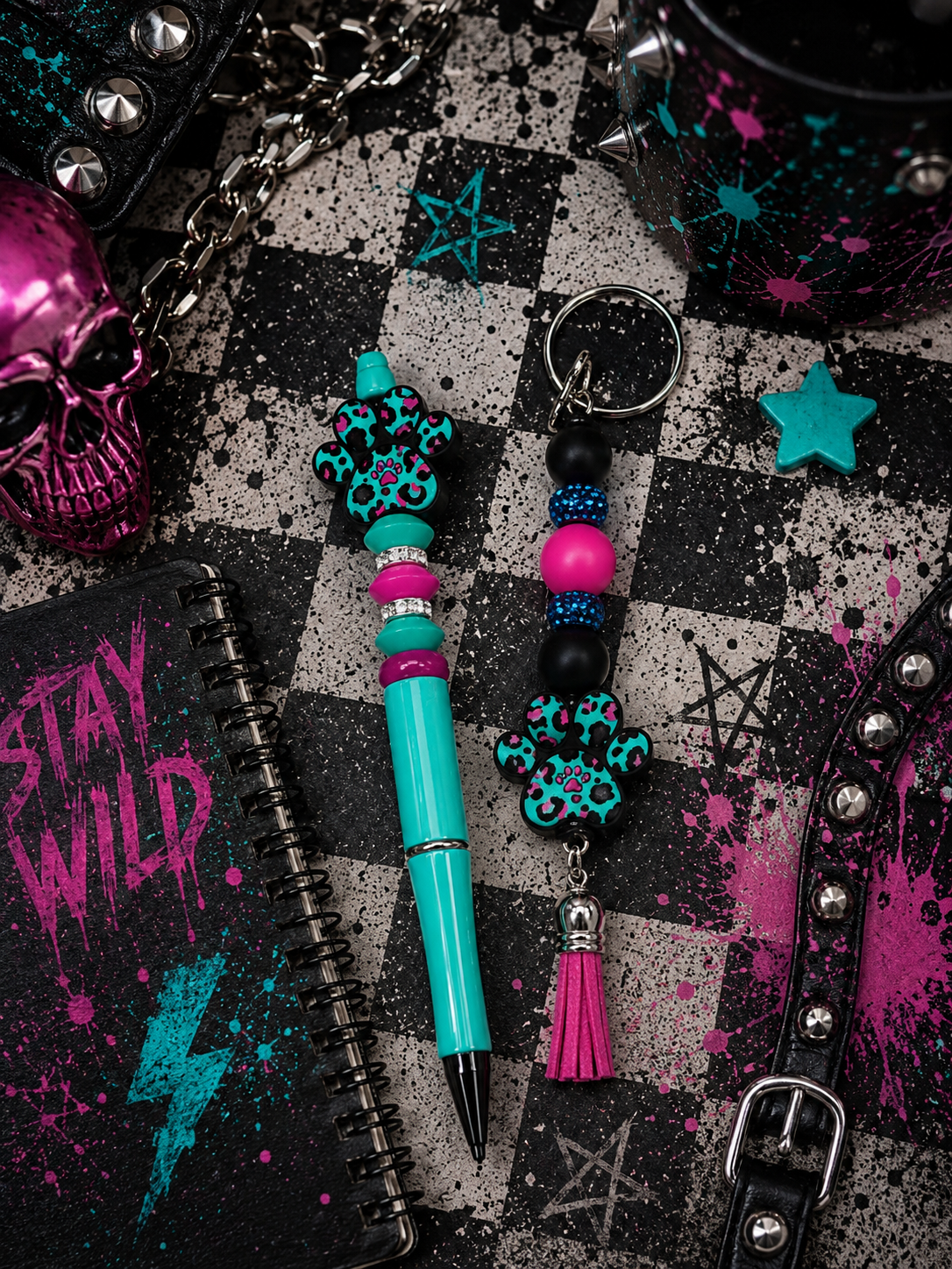 Leopard Paw Print Pen & Keychain Gift Set | Handmade Beaded Pen | Animal Print Office Gift | Cute Teacher Gift | Desk Accessories | Hempin Mayhem