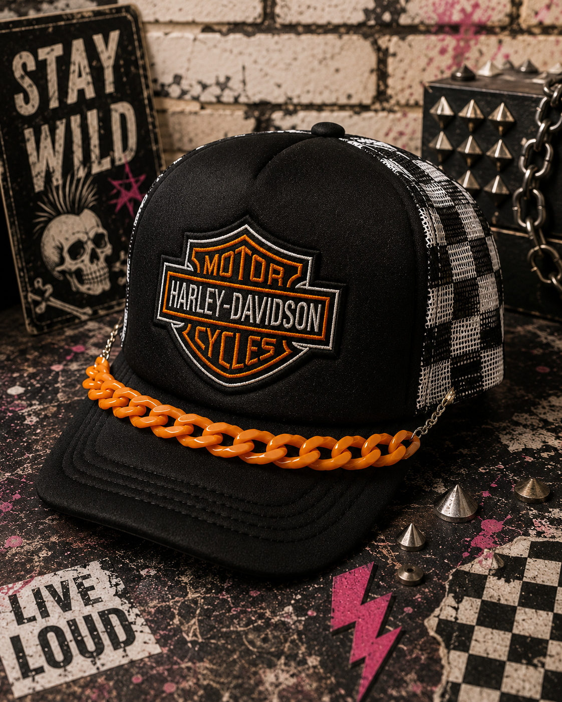 HD Checkered Trucker Hat – Black & White Snapback with Orange Hat Chain, Edgy Biker Hat, Western Streetwear Cap
