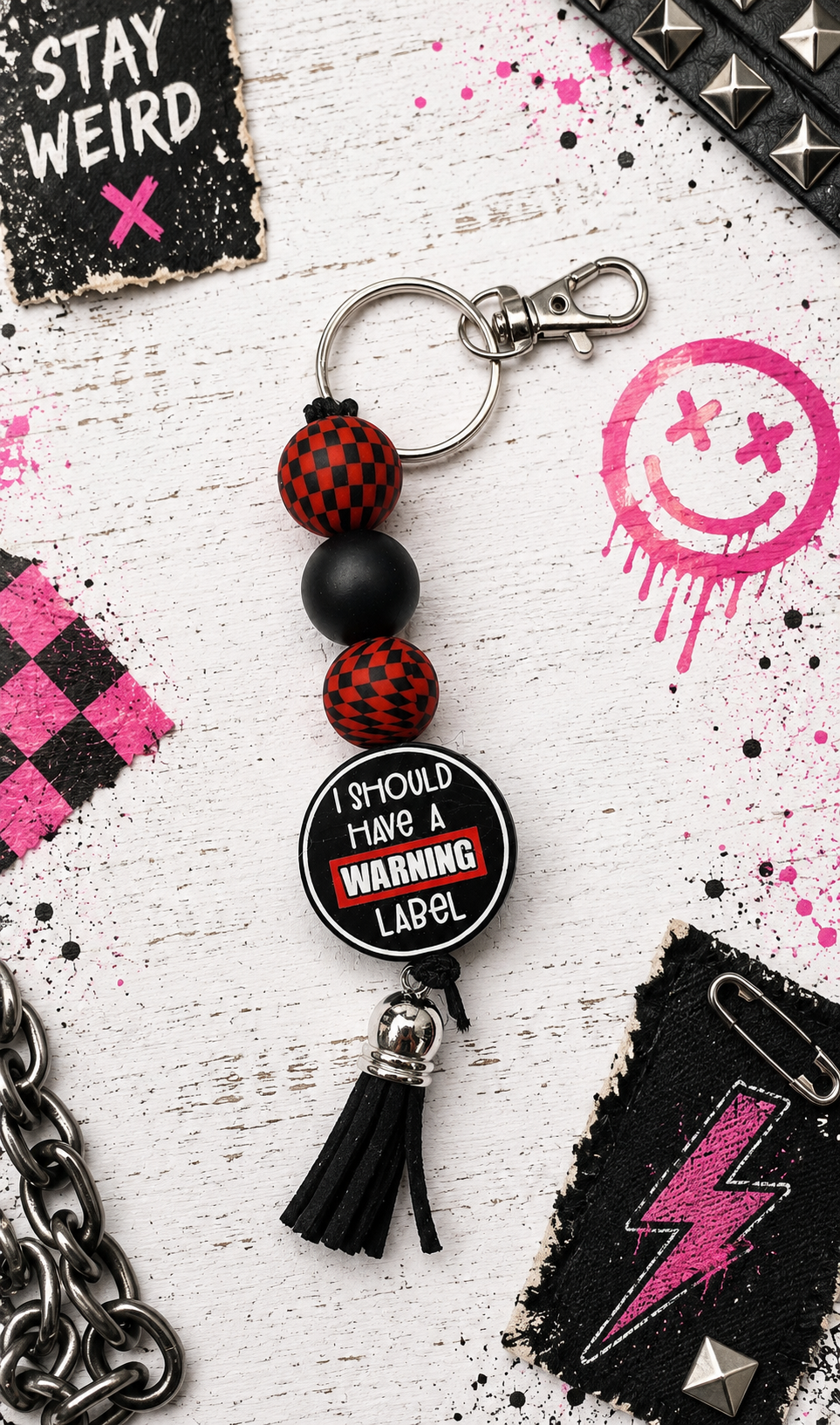 Should Have a Warning Label Beaded Keychain | Funny Keychain | Snarky Gift | Handmade Tassel Keychain | Bag Charm | Purse Accessory