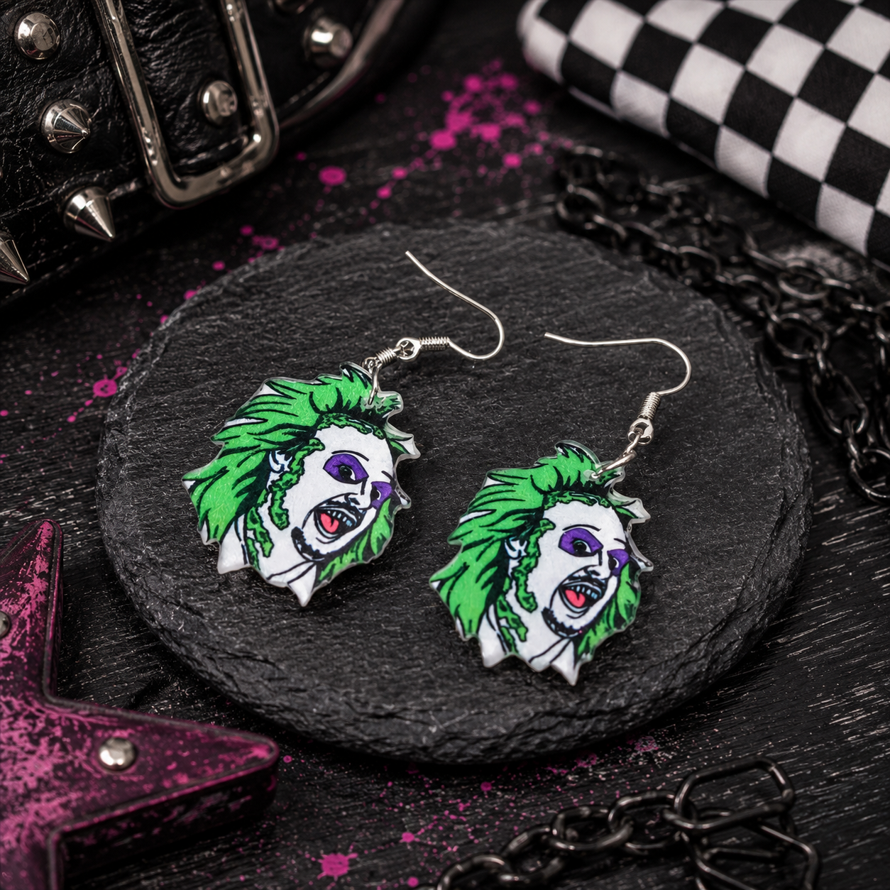 Spooky Ghost Acrylic Earrings | Handmade Halloween Dangle Earrings | Green & Black Goth Jewelry | Lightweight Alternative Earrings