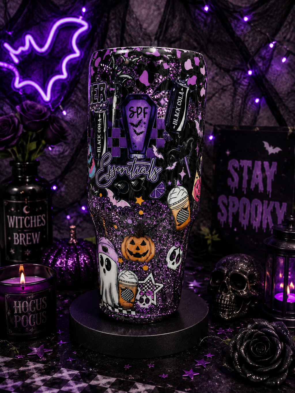 Spooky Summer 40oz Epoxy Tumbler with Handle – Purple & Black Halloween Glitter Cup