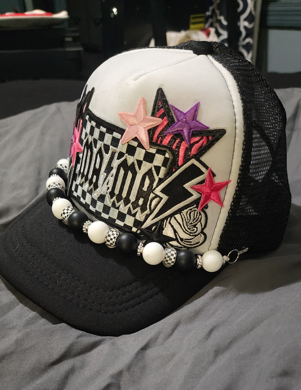 Checkered MAMA Trucker Hat – Retro Vibes Patch Snapback, Black & White Mom Hat, Trendy Checkered Trucker Cap