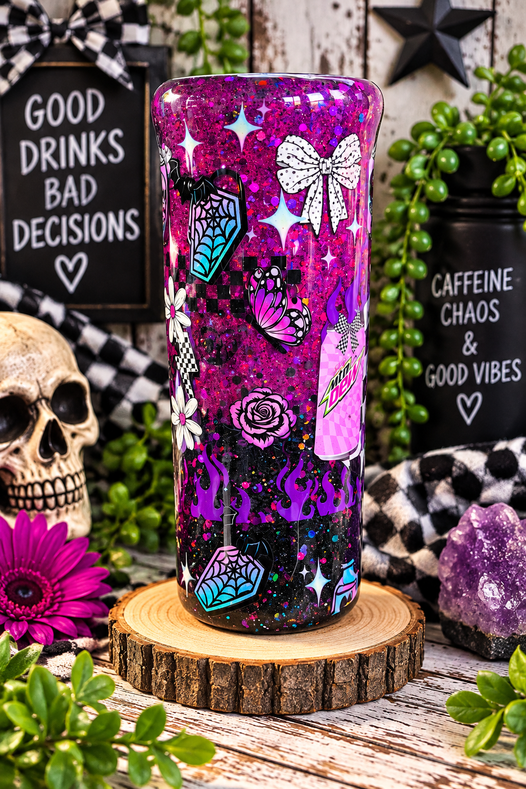 Purple Glitter Epoxy Tumbler | "Hot Mess But Hydrated" Stainless Steel Skinny Cup