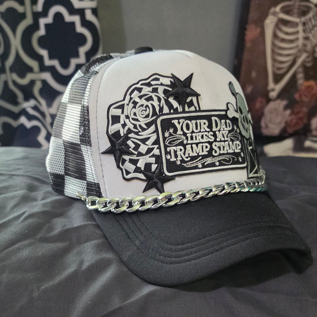 Your Dad Likes My Tramp Stamp Black and White Checkered Trucker Hat | Funny Snapback Hat | Retro Mesh Cap | Sarcastic Gift for Her