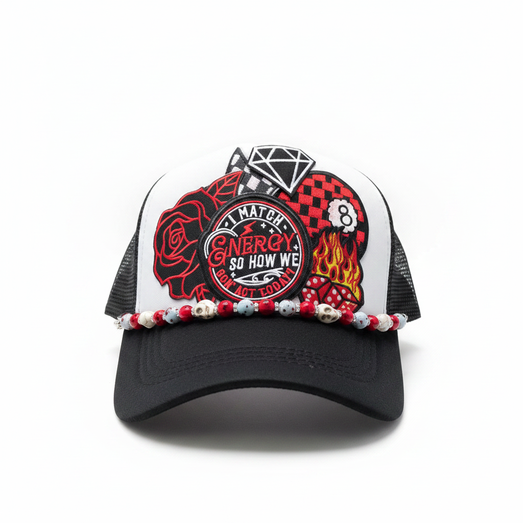 I Match Energy So How We Gon Act Today Trucker Hat | Handmade Patchwork Snapback Hat with Hat Chain