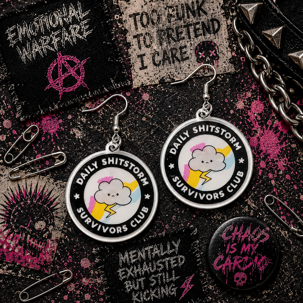 Daily Sh*tstorm Survivor Club Earrings | Funny Cloud & Lightning Acrylic Dangle Earrings | Burnout Queen Gift | Rainbow Statement Earrings