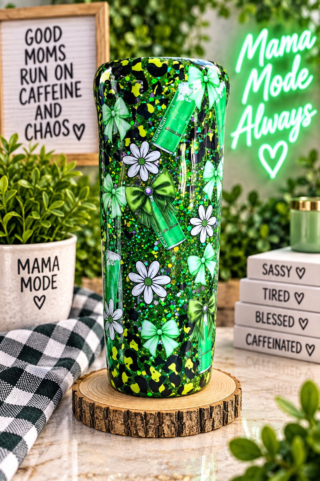 Green Glitter Mom Tumbler | Sassy Mama Cup | Lime Green & Black Checkered Tumbler | Cherry Bow Tumbler | Handmade 20oz Epoxy Cup