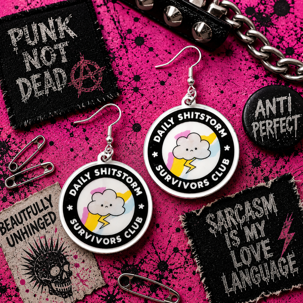 Daily Sh*tstorm Survivor Club Earrings | Funny Cloud & Lightning Acrylic Dangle Earrings | Burnout Queen Gift | Rainbow Statement Earrings