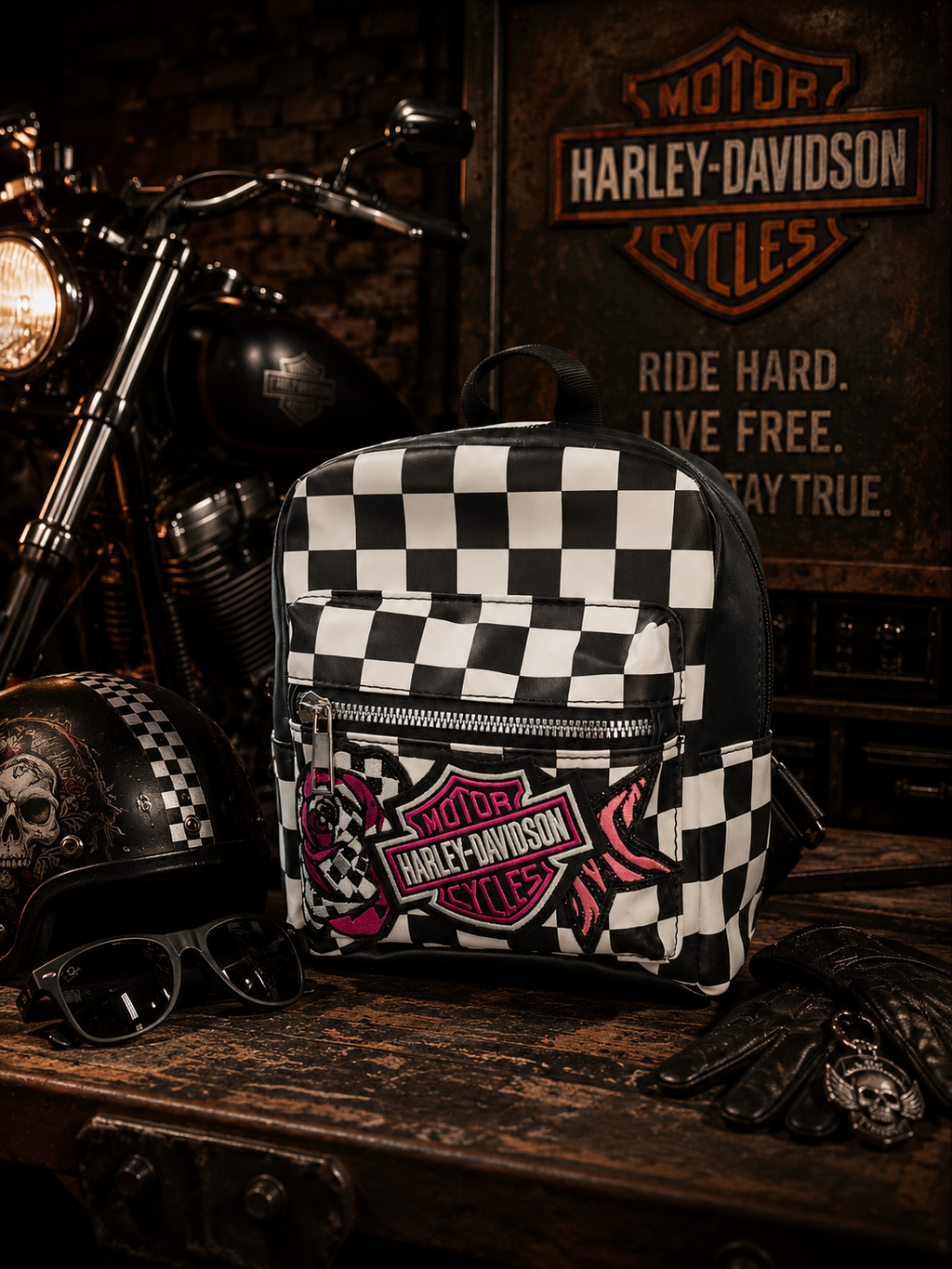 Pink Embroidered Patch Checkered Backpack Purse | Black & White Checkerboard Mini Backpack | Biker-Inspired Bag | Punk Rock Backpack Purse | Alternative Fashion Bag