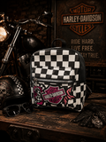 Pink Embroidered Patch Checkered Backpack Purse | Black & White Checkerboard Mini Backpack | Biker-Inspired Bag | Punk Rock Backpack Purse | Alternative Fashion Bag